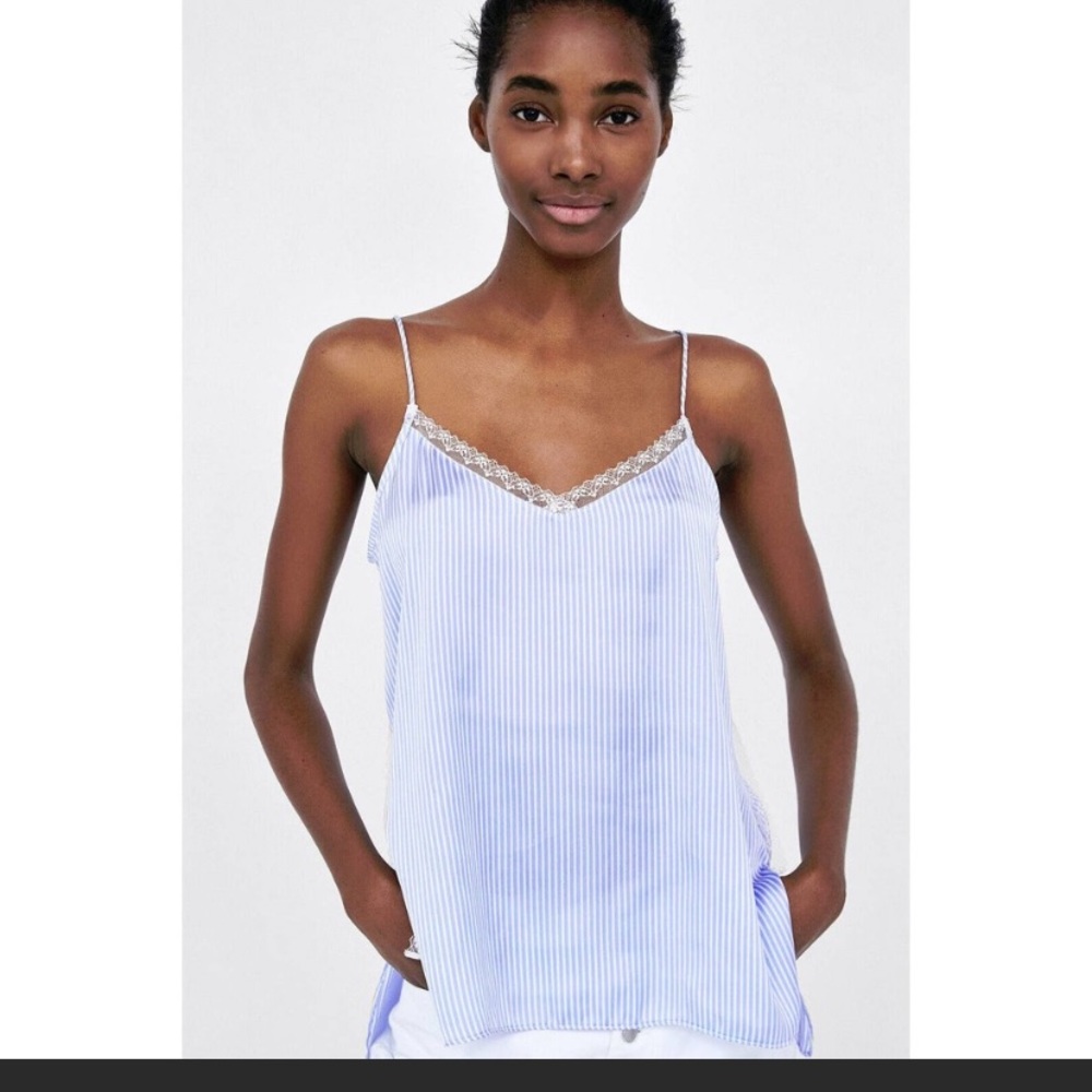 Zara Basic Blue White Stripe Lace Accents Camisole Top Small